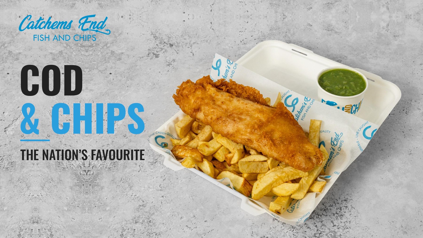 Battered cod and chips with mushy peas in a Catchems End box